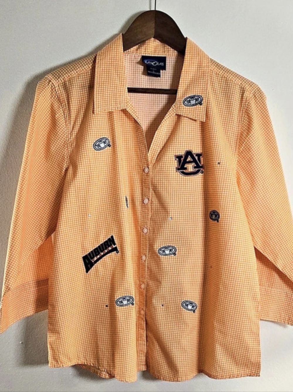 Vtg Las Olas Auburn Tigers Orange Gingham Game Day Button Up Shirt Large